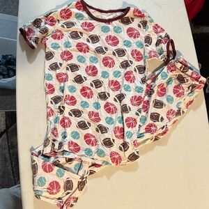 Kickee Pants Cream Pajama Set with Red, Teal & Brown Sports Balls